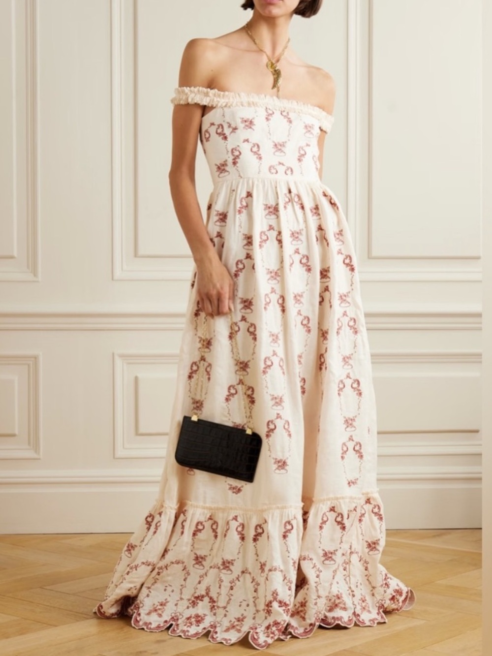 Agua Bendita White Off-Shoulder Maxi Dress with Red Floral Print
